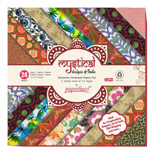 Enchanting Essence: Mystical Designs of India Handmade Scrapbook Paper 12 x 12" Pad, 24 Sheets (2 Sheets Each of 12 Styles)