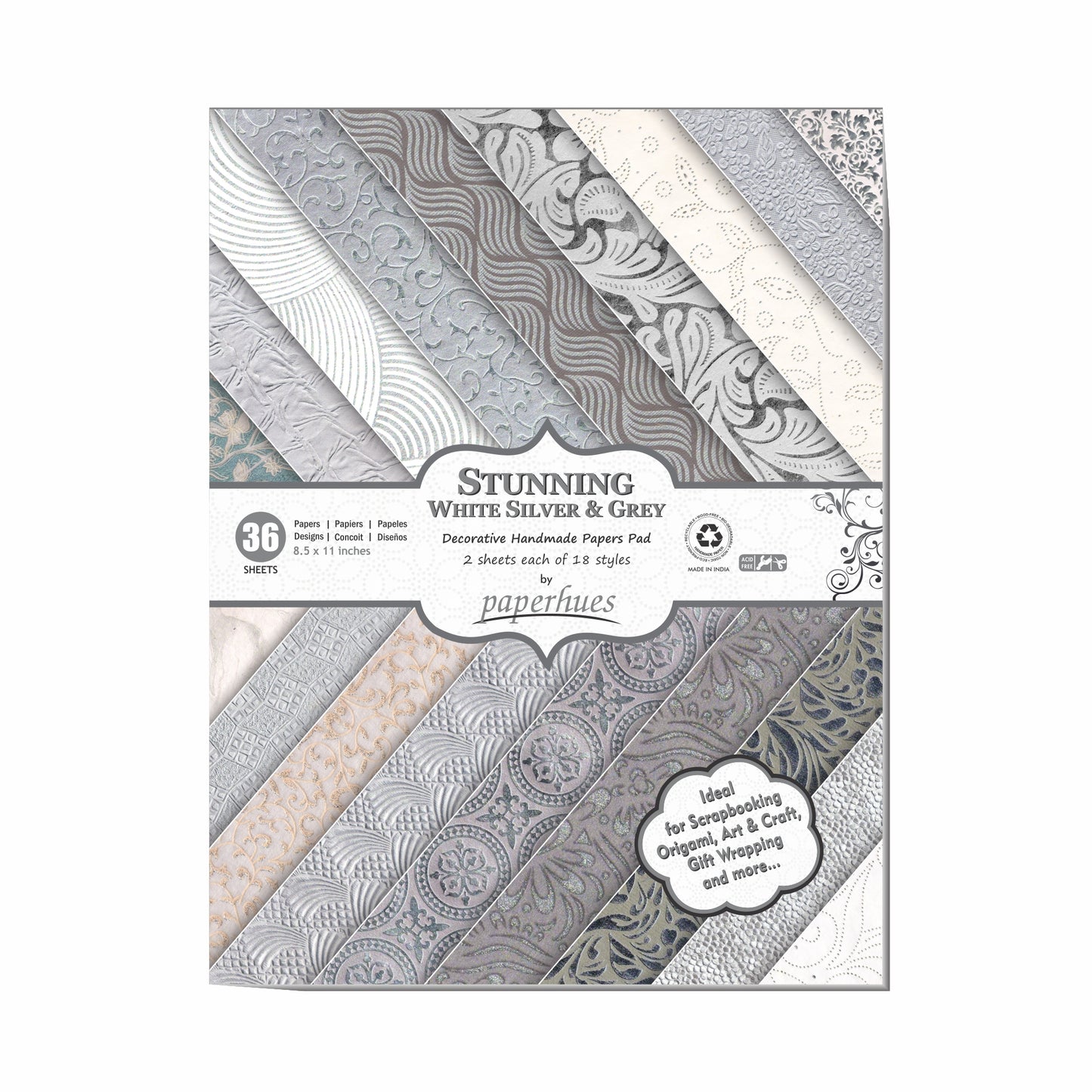 Paperhues Stunning White Silver Grey Handmade Scrapbook Paper: 8.5x11" Pad, 36 Sheets