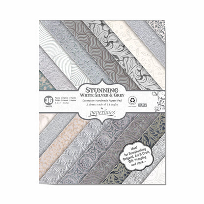 Paperhues Stunning White Silver Grey Handmade Scrapbook Paper: 8.5x11" Pad, 36 Sheets