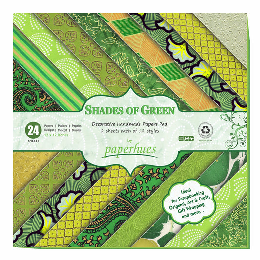 Verdant Vistas: Shades of Green Handmade Scrapbook Paper 12 x 12" Pad, 24 Sheets (2 Sheets Each of 12 Styles)