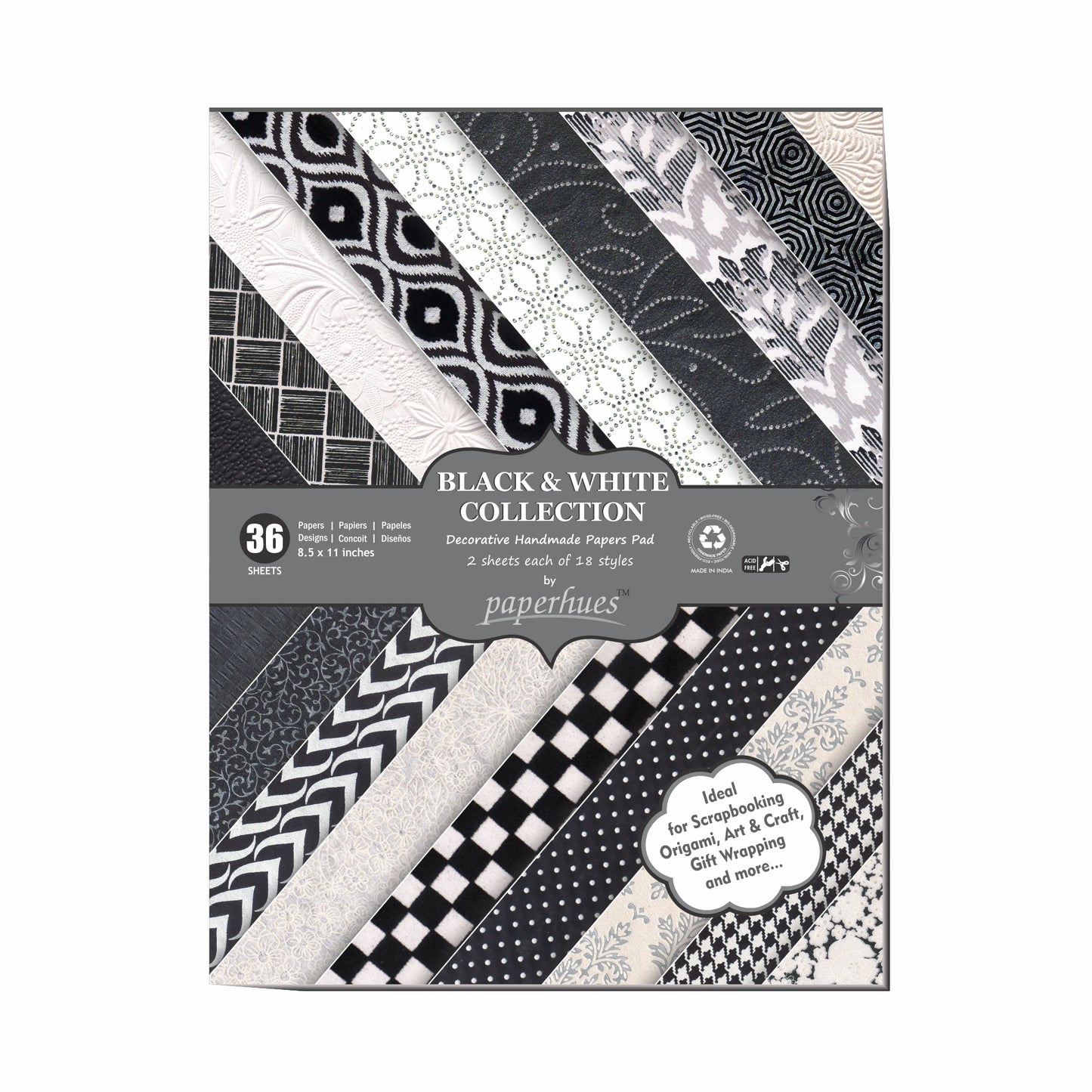 Paperhues Black & White Collection Handmade Scrapbook Paper: 8.5x11" Pad, 36 Sheets