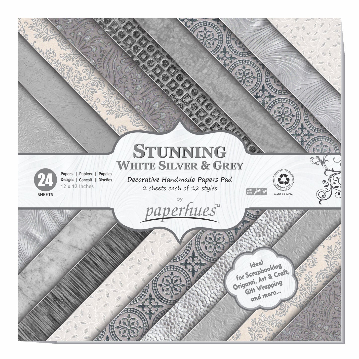 Paperhues Stunning White Silver Grey Handmade Scrapbook Paper 12 x 12" Pad, 24 Sheets (2 sheets each of 12 styles)