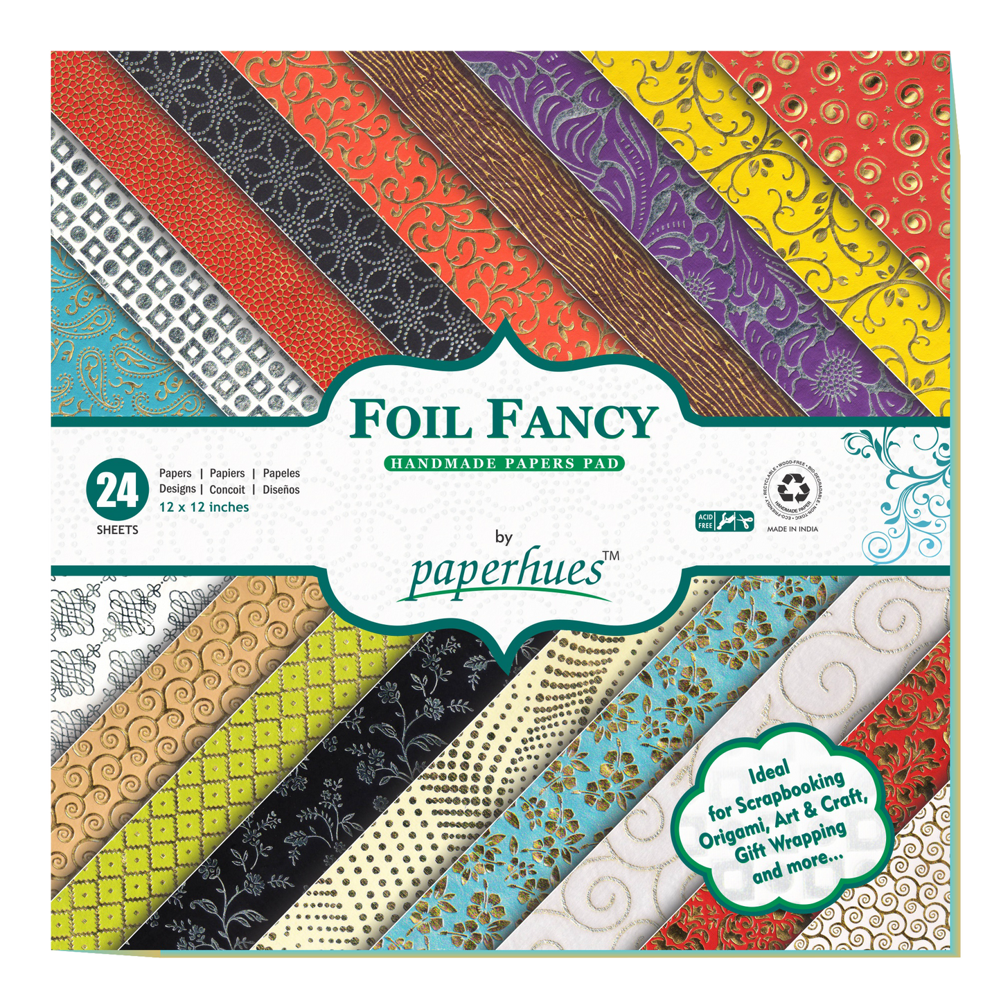 Paperhues Foil Fancy Collection Handmade Scrapbook Papers: 12x12" Pad, 24 Sheets